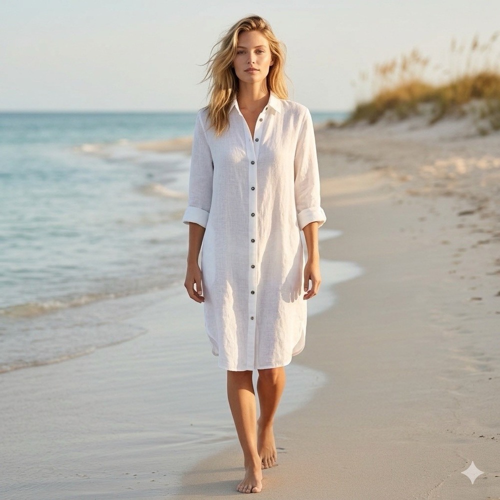 Suzy D London Shirt Dress European Linen Ivory S Minimalist Beachy Coastal